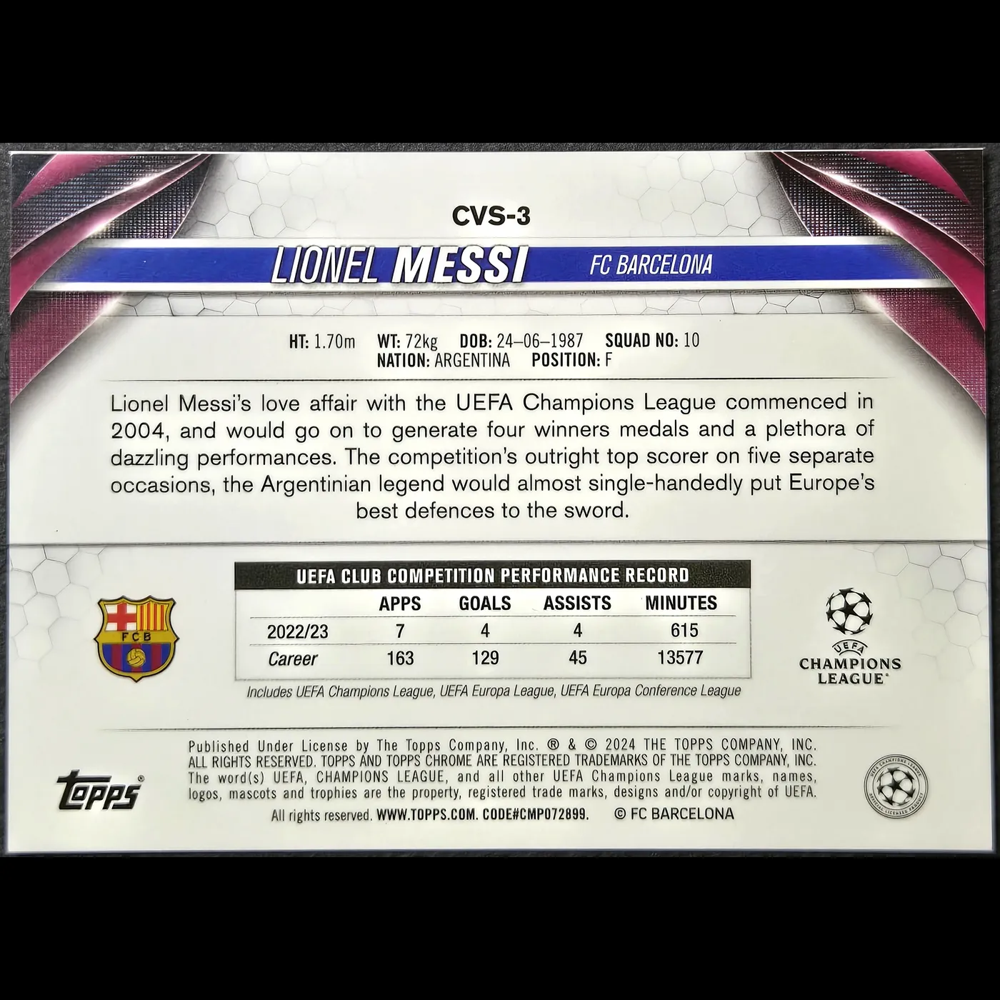 2023/24 Topps Chrome UEFA Club Competitions Sapphire Lionel Messi SP Image Variation #CVS-3 – Image 2