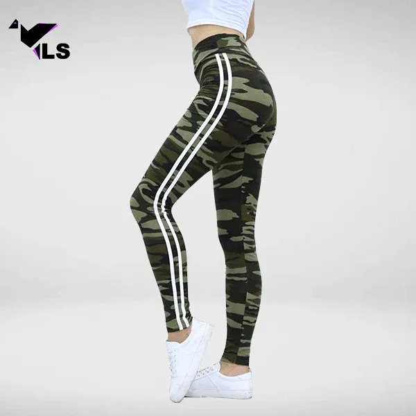 Legging Camouflage Kaki à Bande Blanche